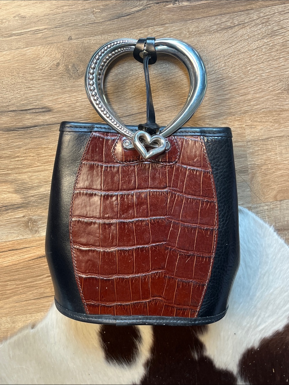 Brighton VTG Black & Brown Croc-Embossed Leather Heart-Handle Bucket Bag